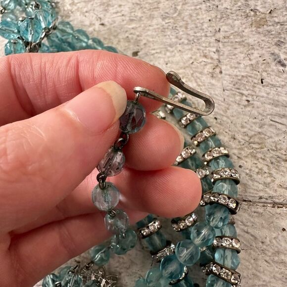 Vintage 1950s Aqua Multi Strand Rhinestone Beaded Necklace - Picture 8 of 9